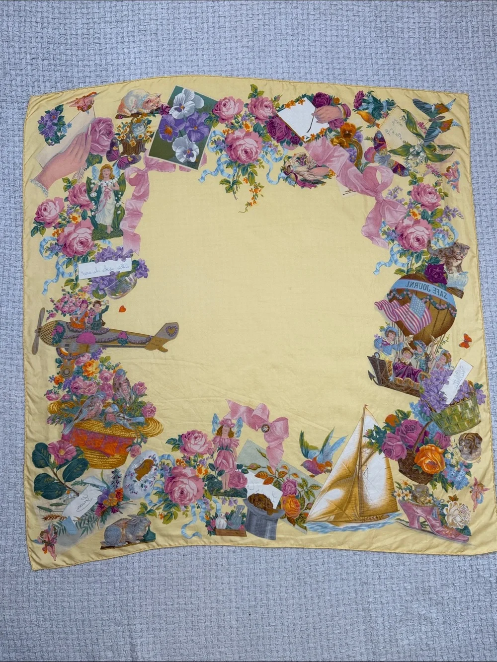 Rare Authentic Gucci Silk Floral Scarf  Whimsical Yellow Animals Hearts Ribbon